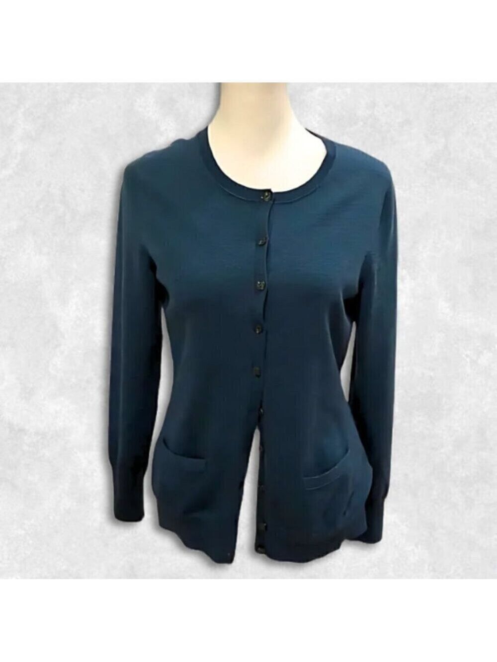 Banana Republic Merino Wool Blend Cardigan Crew Neck Front Pocket Peacock Blue